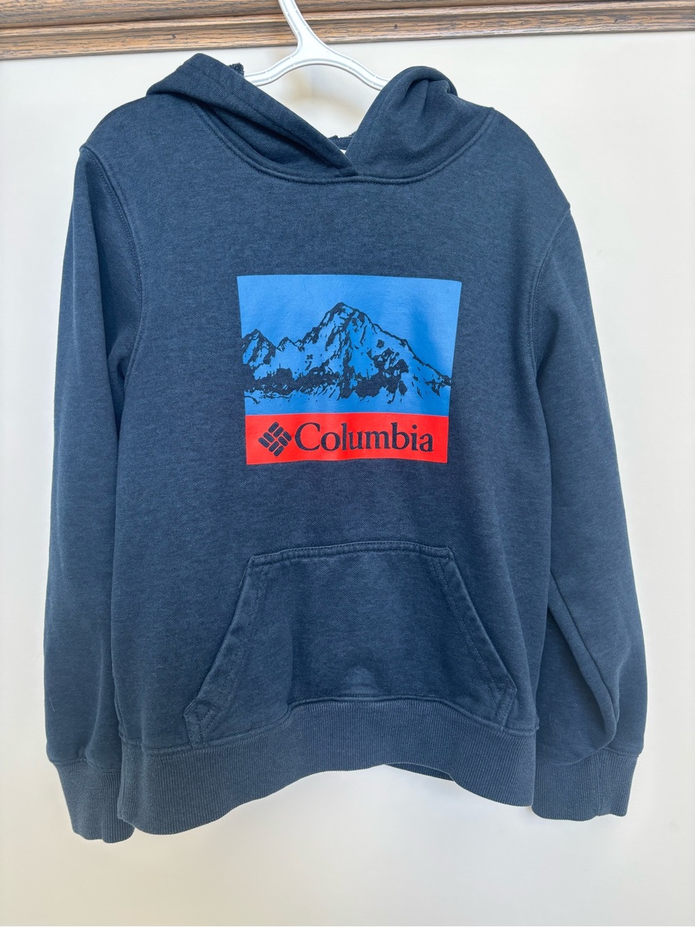 Columbia Navy Kids Hoodie with Blue and Red Mountain Graphic